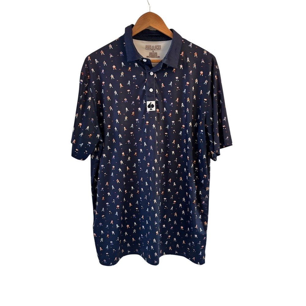 Pins & Aces Polo Shirt Mens Size 2XL Blue 8-Bit Football Print Golf Top Retro